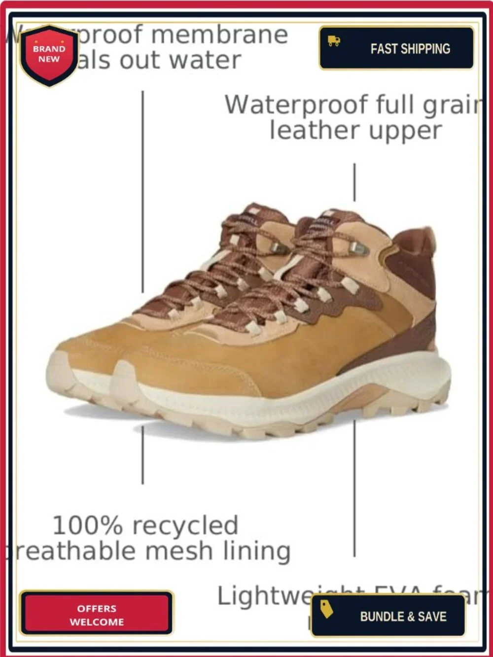 Waterproof Merrell Hiking Boots Mid Calf Ankle Leather Lace Up Womens